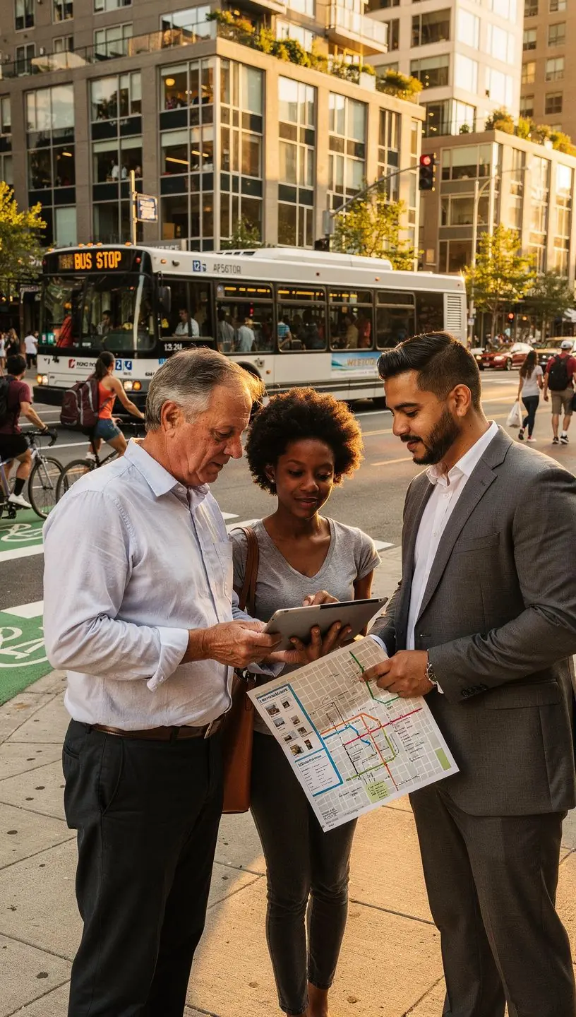 Zespół ekspertów omawiający dostępność transportu w okolicy mieszkania.