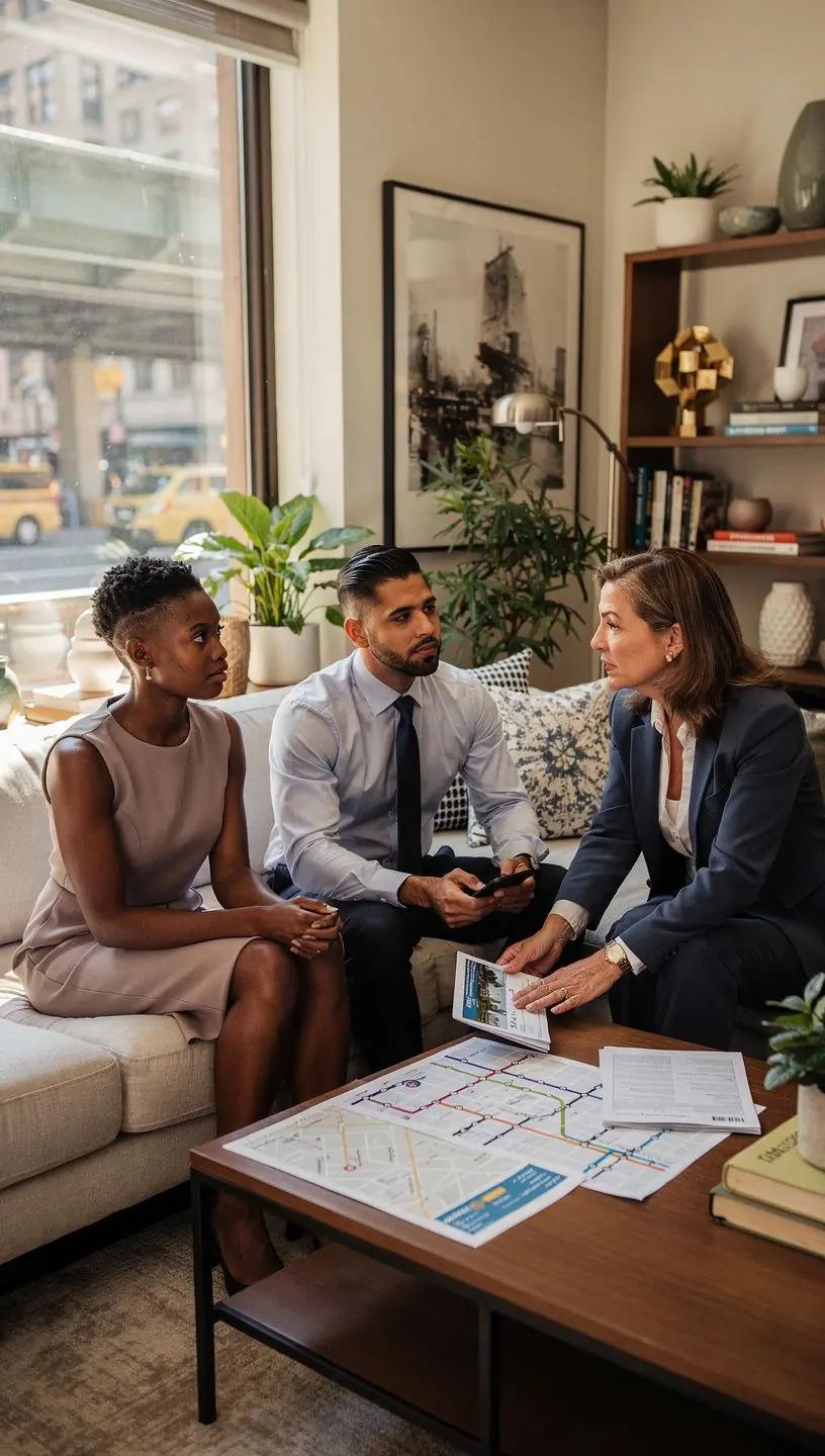 Widok na ulicę w okolicy, z widocznymi znakami komunikacyjnymi i ścieżkami rowerowymi.