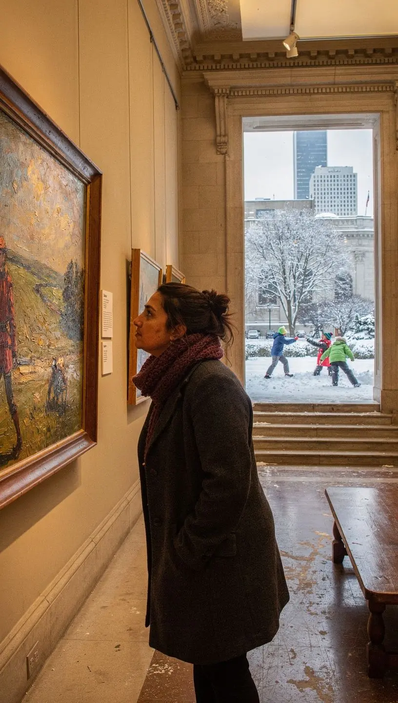 Grupa turystów zwiedzających muzeum z przewodnikiem, podziwiających dzieła sztuki.