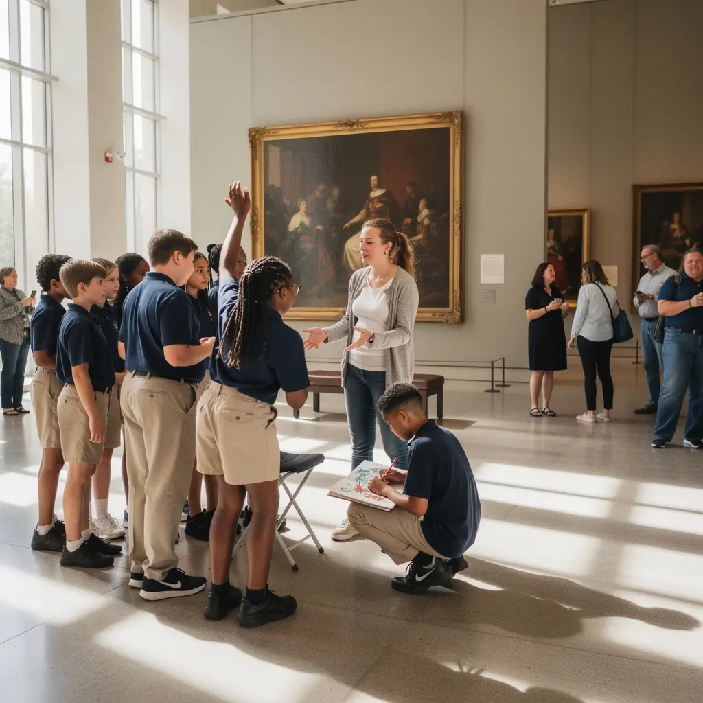 Widok zewnętrzny na budynek muzeum, otoczony zielenią i odwiedzającymi.