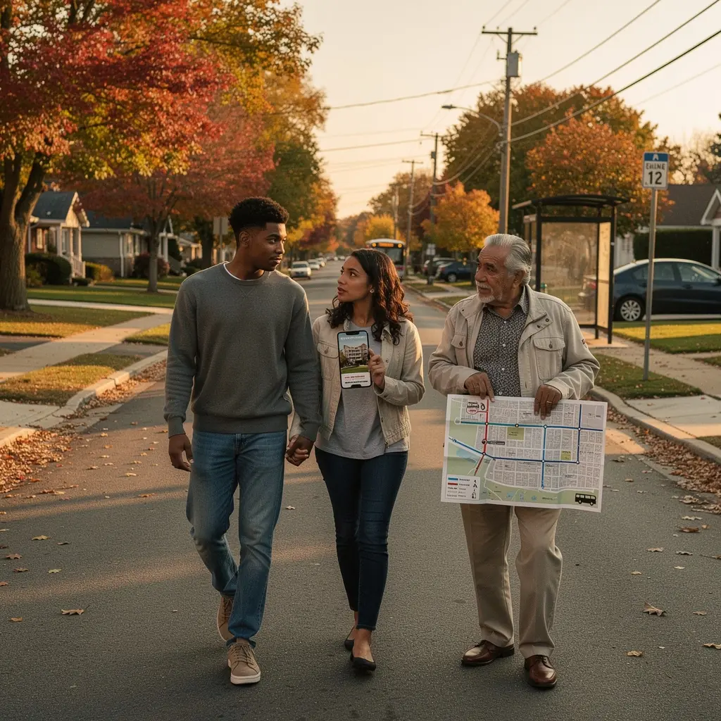 Mapa z trasą komunikacji publicznej w okolicy wynajmowanych nieruchomości.
